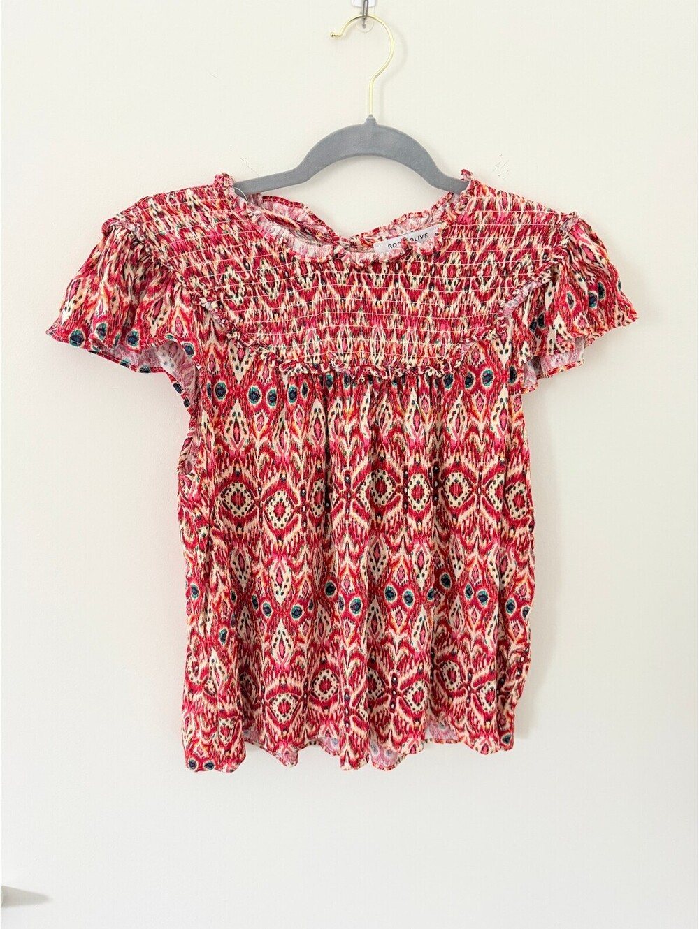 Rose + Olive Multicolor Ikat Smocked Ruffle Flutter Sleeve Boho BlouseLarge